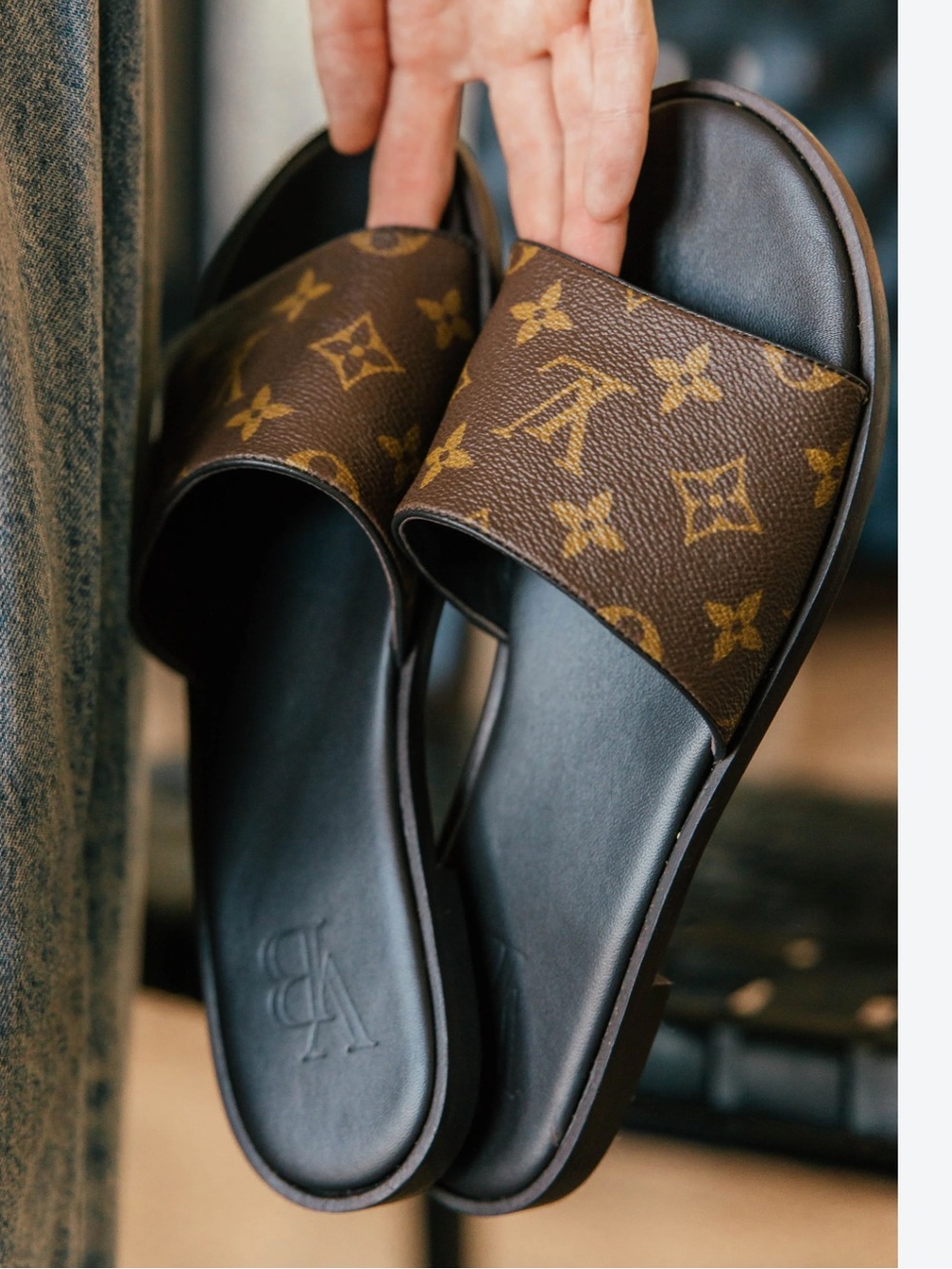 Brown and Gold Monogram Slide Sandals made from LV leather